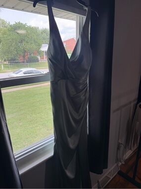David's Bridal Satin V-Neck Maxi Dress in Sage Green